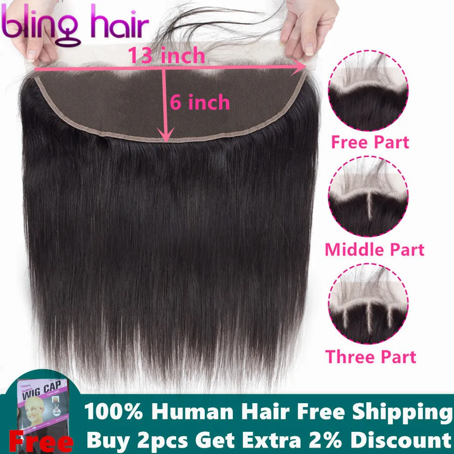 

Bling Hair 13x6 Lace Frontal Ear to Ear Closure Brazilian Straight Human Hair Closure Free/Middle/Three Part Remy Natural Color