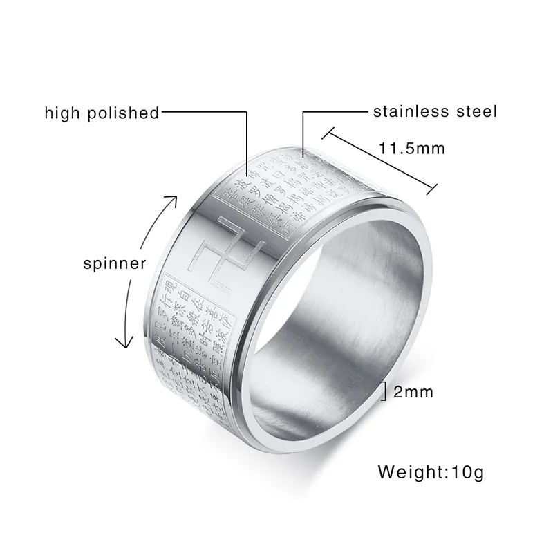 11.5mm Stainless Steel Chinese Buddhist Scriptures Religious Ring For Men's Rings Can Be Rotated
