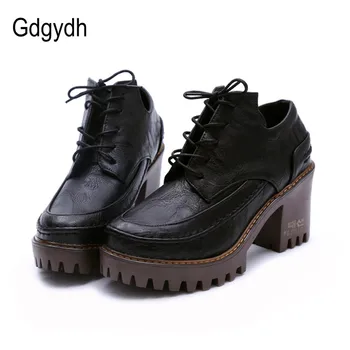

Gdgydh 2019 Spring British Style Female Single Shoes Round Toe Platform Casual Women Shoes Square Heels Lacing Large Size Shoes