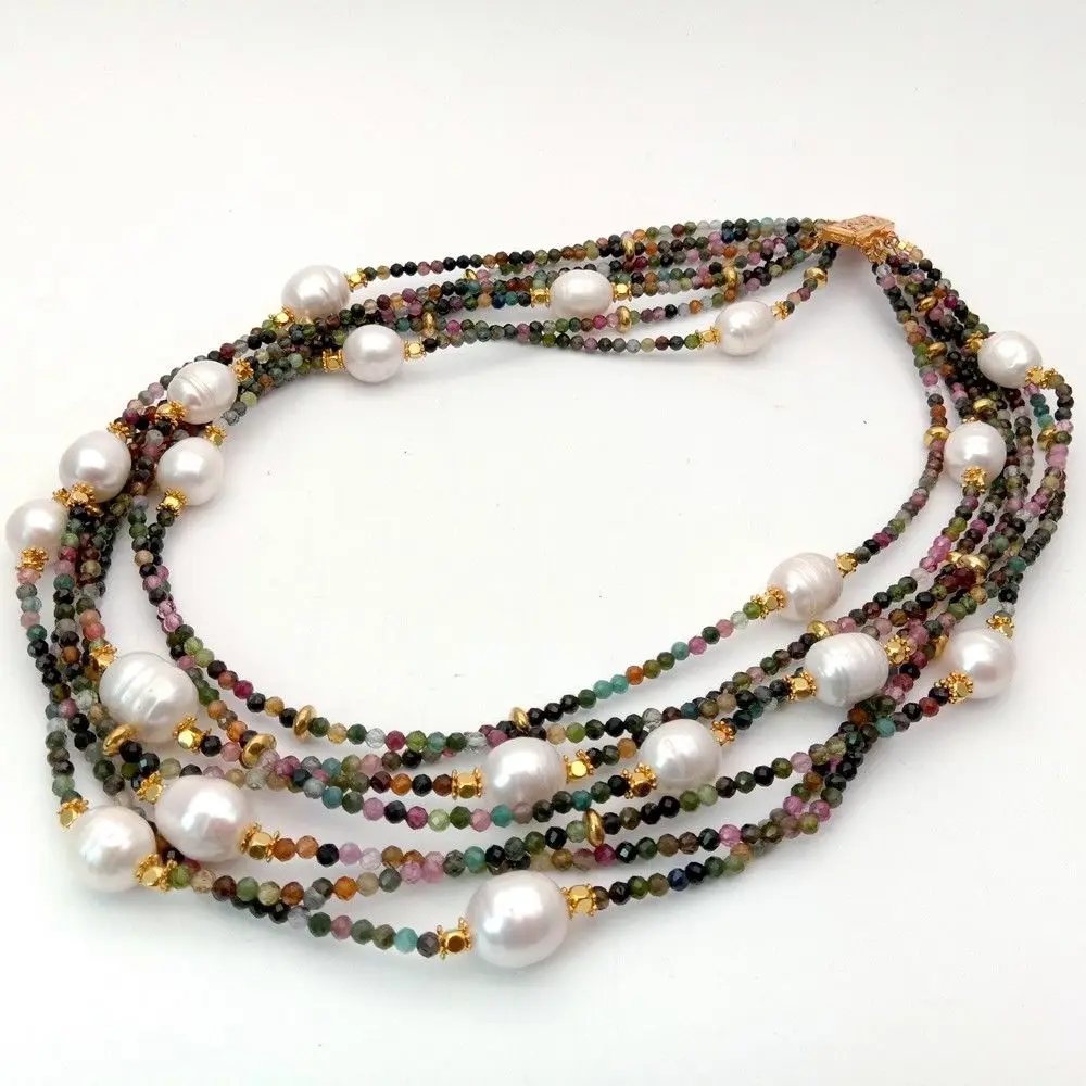 

19" 7 Strands Natural Mixed Color Faceted Tourmaline White Rice Pearl Necklace