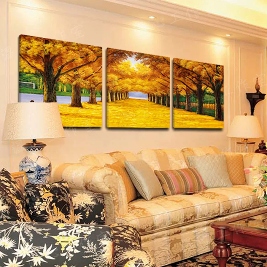 

Printed Painting modern home decorative Painting Golden Tree Painting on canvas 3 Panel Wall art With Framed W0155