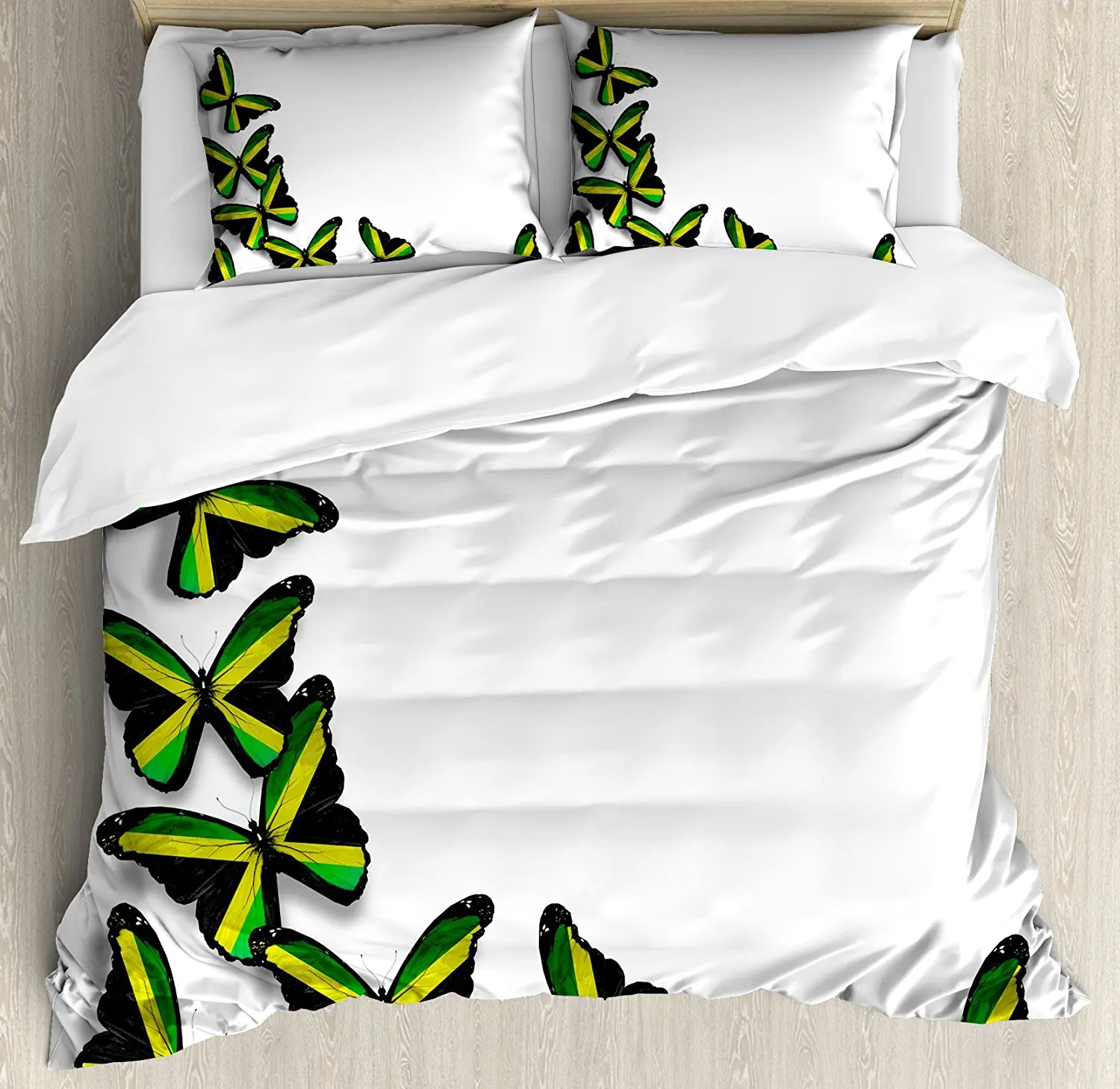 Jamaican Duvet Cover Set, Butterflies Flag Motifs Caribbean Animal