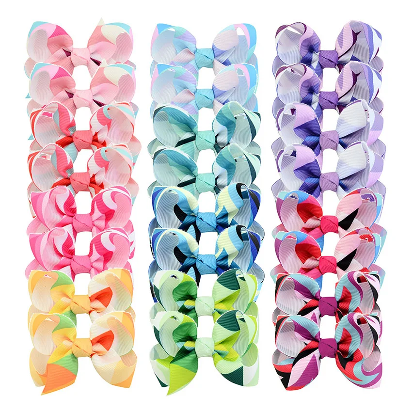 

3 Inch Rainbow Hair Bows With Clips 24PCS Loopy Printed Grosgrain Ribbon Bow Small Hairclip Girl Hairpin Summer Hair Accessories