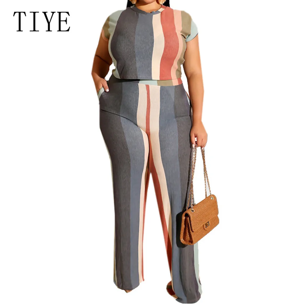 

TIYE Large Size 4XL 5XL Striped Print Two Pieces Sets Jumpsuits Summer Short Sleeve Casual Playsuits Women Streetwear Overalls