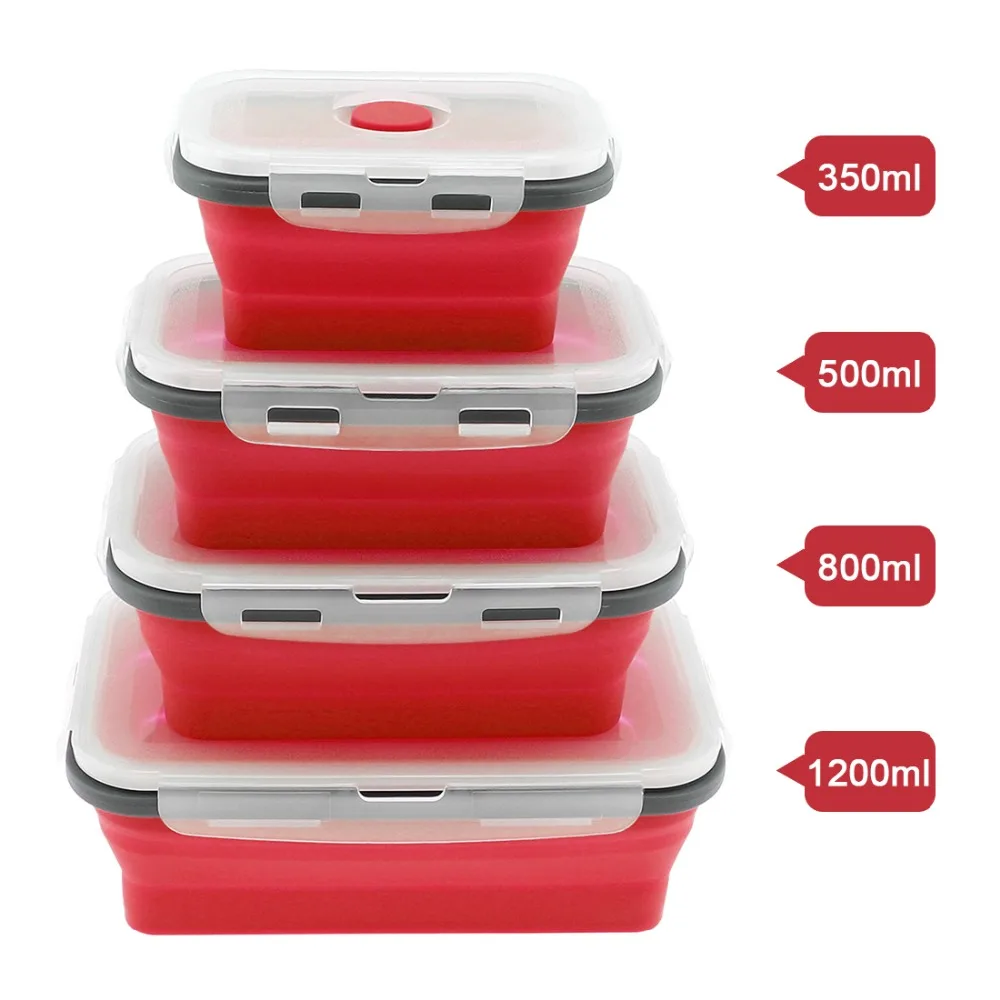 4pcs Red Rectangle Silicone Lunch Box Collapsible Bento Boxes Portable