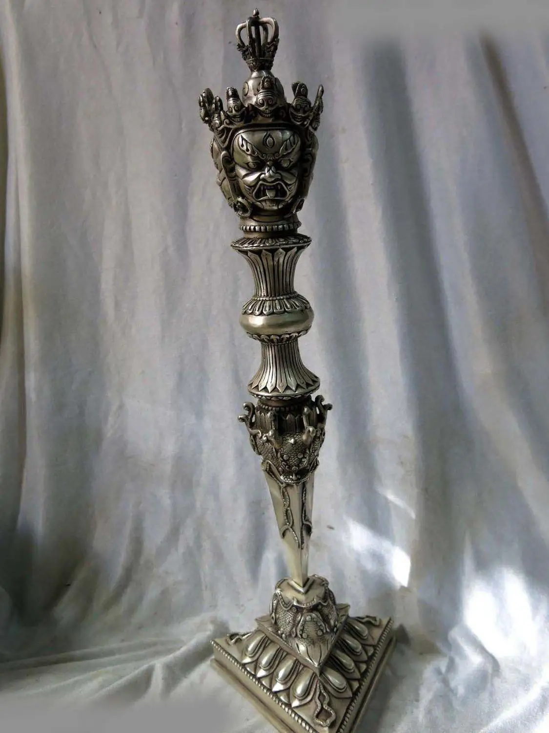 

21" China Tibet silver carved horse head Hayagriva Phurbu Sculpture Statue