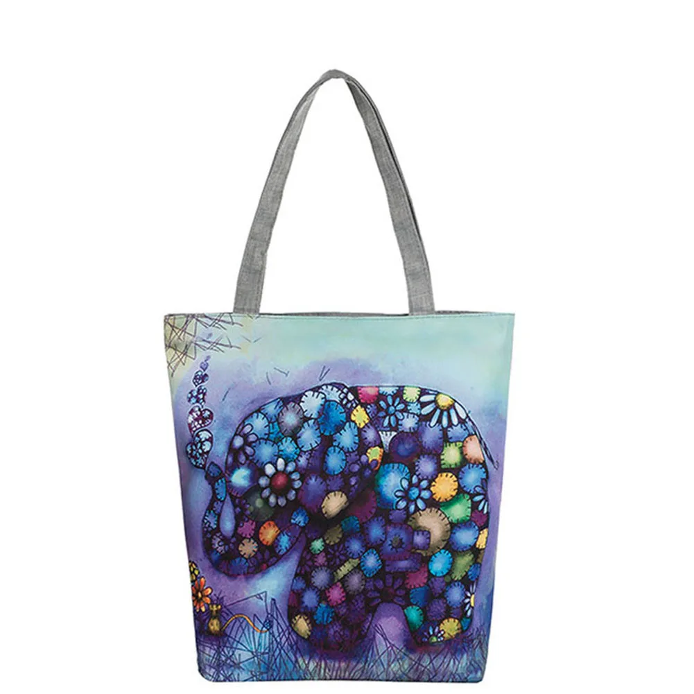 Women Elephant Printed Canvas Tote Casual Beach Bags Single Shoulder