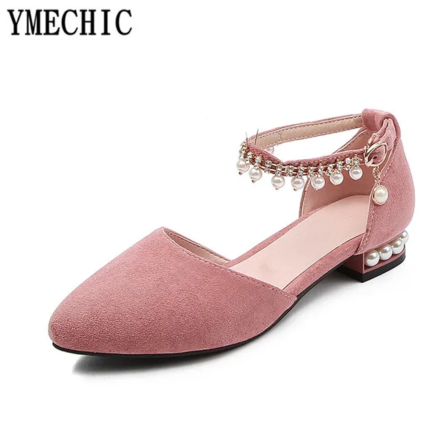 YMECHIC/летние туфли-лодочки на низком каблуке с ремешком и пряжкой на щиколотке, Украшенные бусинами и кисточками; цвет розовый, черный, белый; женская офисная обувь для свадебной вечеринки; - Цвет: flock