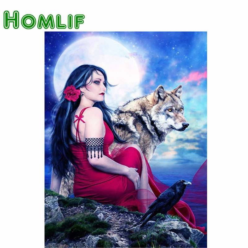HOMLIF Full Square/Round Drill 5D DIY Diamond Painting area highlight diamond Needlework embroidery girl with wolf pattern | Дом и сад