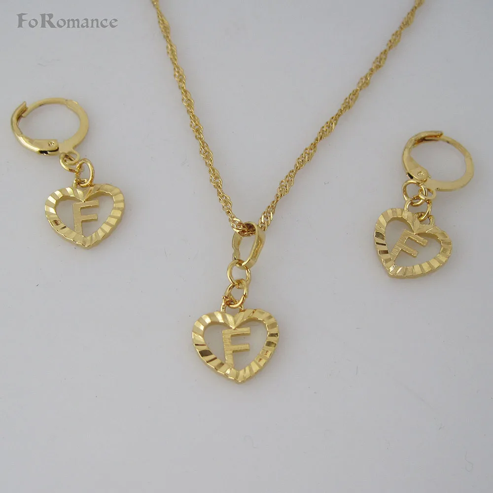 FoRomance- HIGH QUALITY GOLD GP OVERLAY 26 LETTERS FROM A TO Z HEART LINE CARVED PENDANT 18″ WATER WAVE NECKLACE EARRING SET