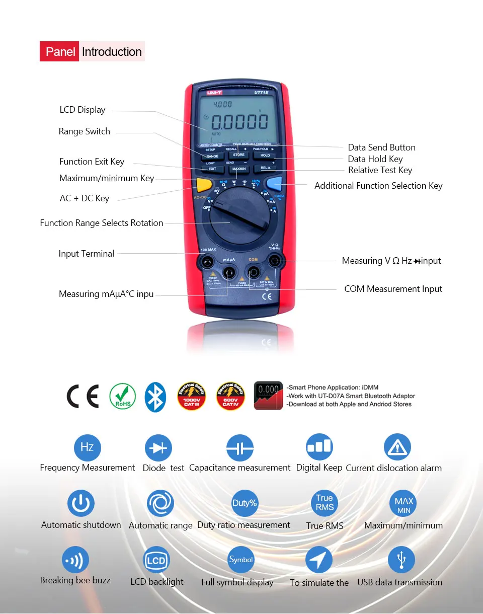 UNI-T UT71A UT71B UT71C UT71D UT71E цифровой мультиметер RMS AC DC метр Вольт Ампер Ом Емкость Temp Тестер Подсветка