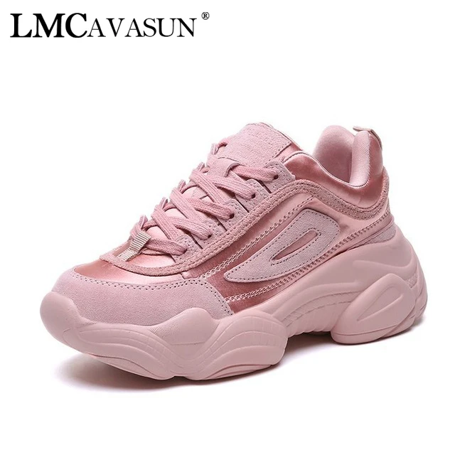 

LMCAVASUN 2019 Spring Women's Chunky Sneakers Women Casual Pink Platform Shoes Canvas Female Trainers Dad Shoes High Top Sneaker