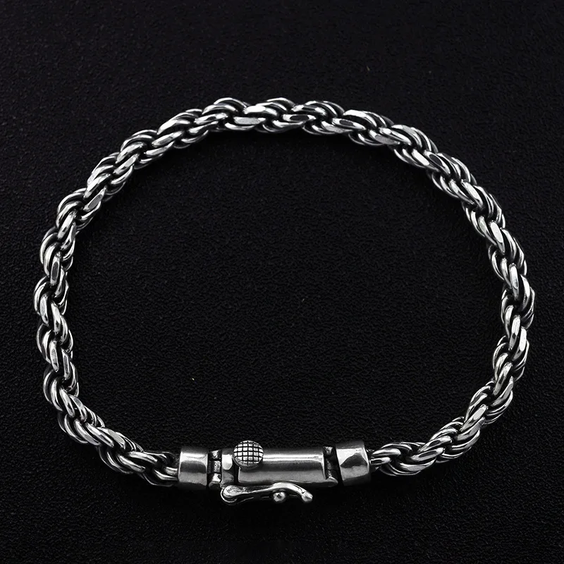 

Real 925 Sterling Silver Bracelets Handmade Braided With Toggle Clasp Double Safe 17-21cm Retro Punk Bracelets For Men Jewelry