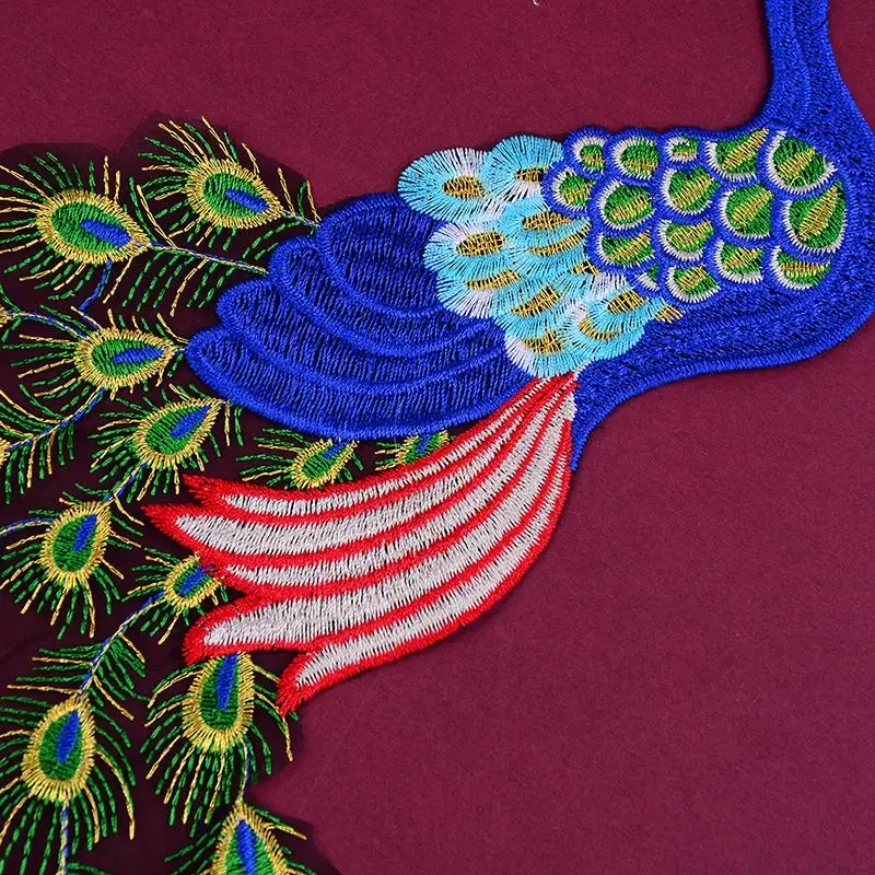 1pcs DIYColorful Sequins Peacock Embroidery Fabric Large Applique Patch African Lace Sew Dress Cloth Decorate Accessory