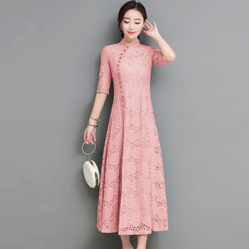 2019 летнее платье пачка для женщин с кружевной отделкой и длинными Cheongsam модные