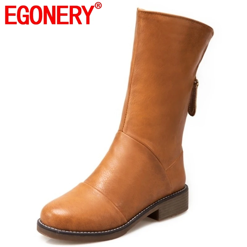 

EGONERY winter new popular casual low square heel zip round toe women shoes outside comfortable warm large size mid calf boots