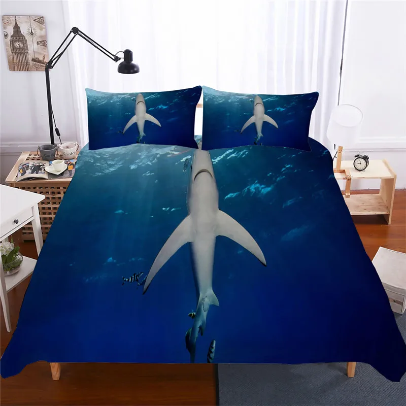 Постельное белье черного и белого цвета с принтом акул, цифровая печать, одиночное, королевское, 3D пододеяльник, набор постельного белья с изображением акулы
