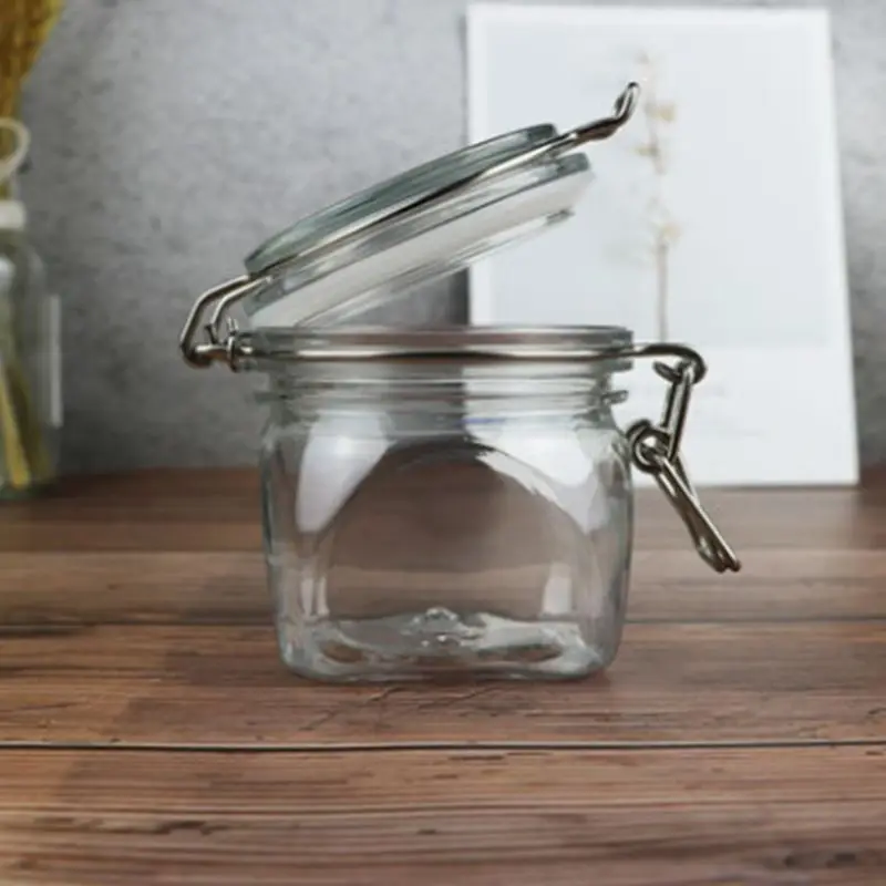 

220ML Plastic Square Clip Top Storage Jar With Airtight Seal Lid Kitchen Food Container Tableware Preserving Cosmetic Cream Orga