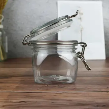 

220ML Plastic Square Clip Top Storage Jar With Airtight Seal Lid Kitchen Food Container Tableware Preserving Cosmetic Cream Orga