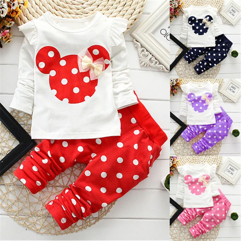 

Fashion Girls Clothing Sets Mickey Children Cotton Bow Tops T shirt Leggings Pants Casual Minnie Baby girls 2 Pcs Suit Costume