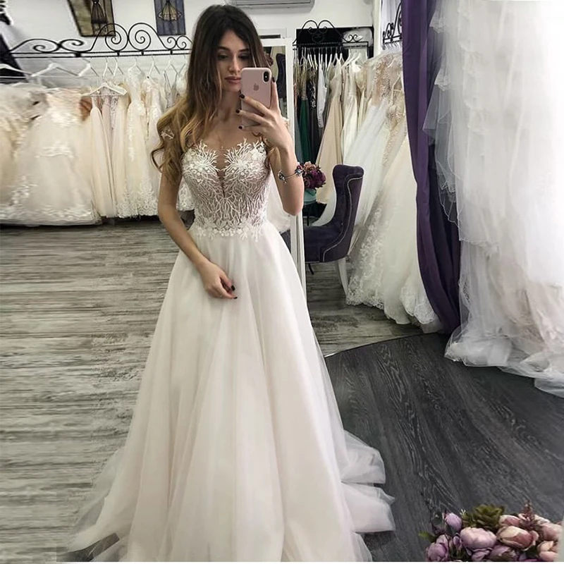 

2019 New Boho Wedding Dress Cap Sleeves See Through Neck A-line Vestido De Novia Illusion White Ivory Long Bridal Gown Dress