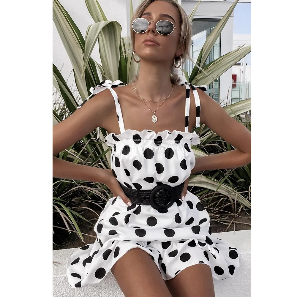 

ZAFUL Women Knotted Strap Dress Girl Lovely Polka Dot Pattern Flounce Hem Sleeveless Ruffled Holiday Beach Vintage Mini Dress