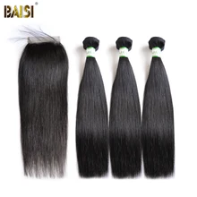 BAISI Straight Brazilian Virgin Hair Bundle Human Hair Extensions 3 Bundles with a Closure Nature Color Free Shipping.
