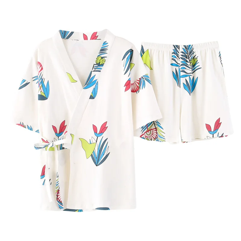 

summer 2019 pyjamas women cotton printed cardigan kimono short-sleeved shorts 2pcs Kawaii straps short sleeve shirt pijama mujer