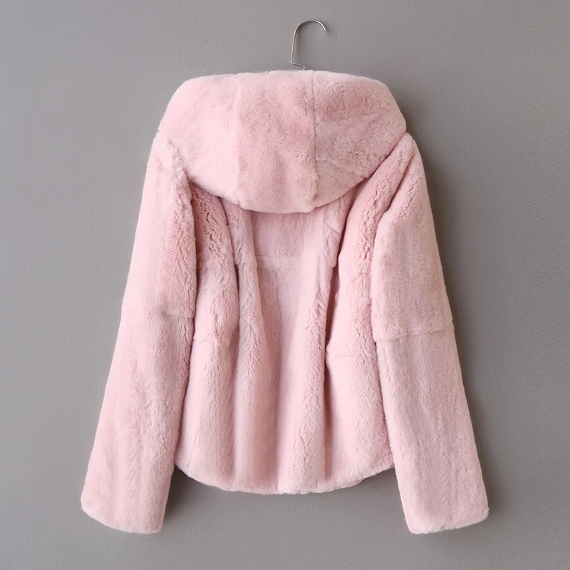Натуральная кожа рекс шуба женская зимняя верхняя одежда пальто короткий с капюшоном Тонкая Корейская версия - Цвет: Pink