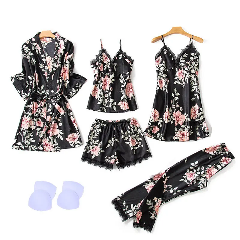 

Pyjama Satin Home Clothes 2019 Trendy Pijamas Women Summer Shorts Silk Pajama Women's 5 Piece Sexy Lace Kimono Robes Nightwear