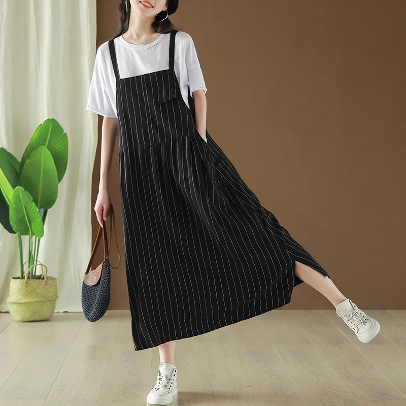 

Black white striped cotton linen sleeveless loose strap long dress women Summer