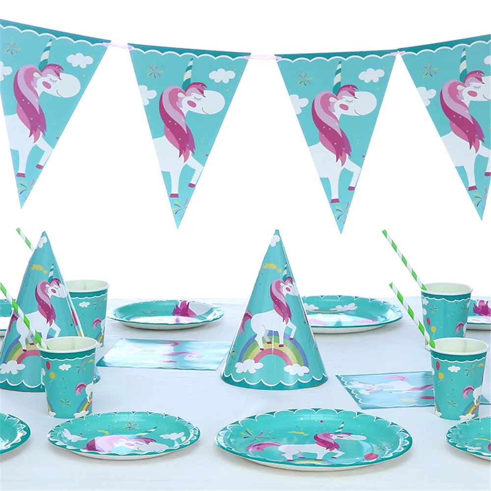 

Green Theme Unicorn Birthday Party Baby Shower Disposable Party Tableware Paper Cup Plate Flag Banner Napkins Decor Supplies,Q