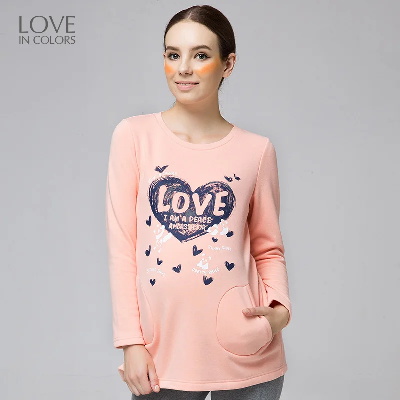 

Loveincolors Maternity Women Tees Thick Fleeces Soft Warm springy Wind Protect Love Printing Pragnant Clothes