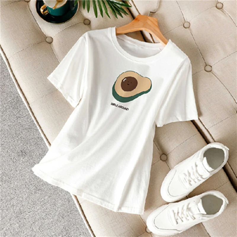 

Solid Color Female Short-sleeved 2019 Cartoon Avocado Short-sleeved Cute T-shirt Female Small Fresh Casual T-shirt Shirt Female