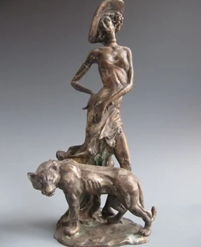 

13"Western classic Copper Bronze cupronickel Carved belle with Tiger statue