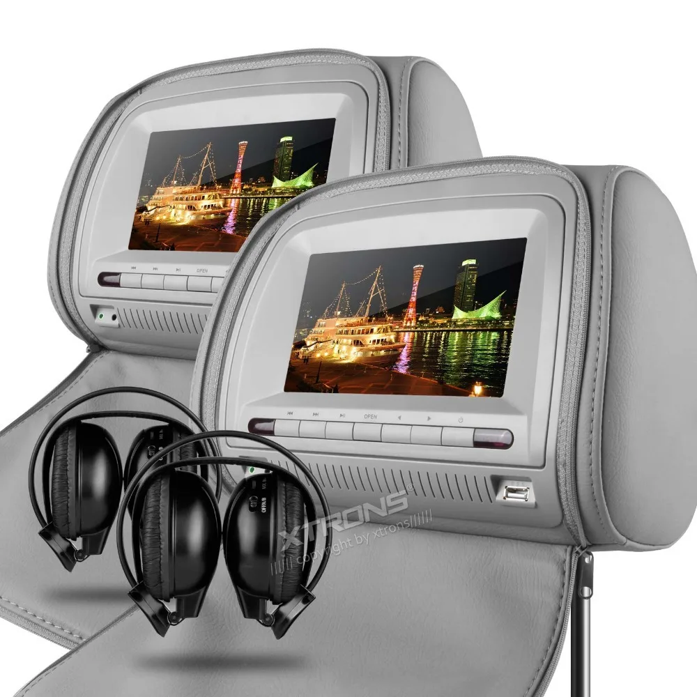 Grey 2X 7" Car Headrest Monitor Pillow DVD USB SD Player FM Game Disc Controlin Car Monitors