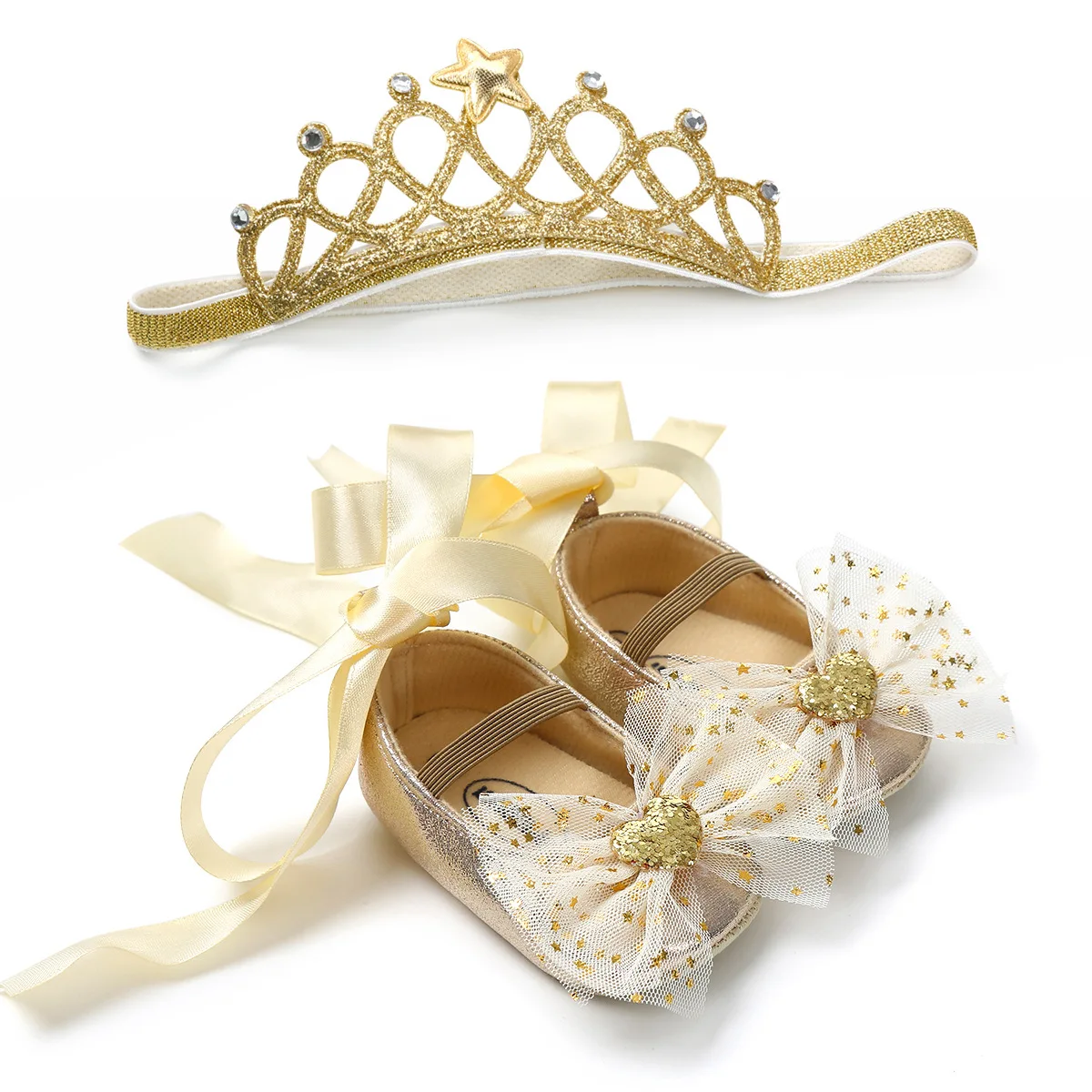 1 комплект; обувь принцессы для новорожденных девочек+ повязка на голову для малышей; блестящий бант на шнуровке; подарок для малышей на день рождения