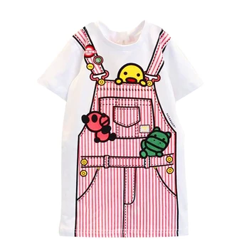

fashion Cute Girls a-line dresses children's clothing cartoon print fake 2pcs girls summer dress T-shirt dresses for kids girls