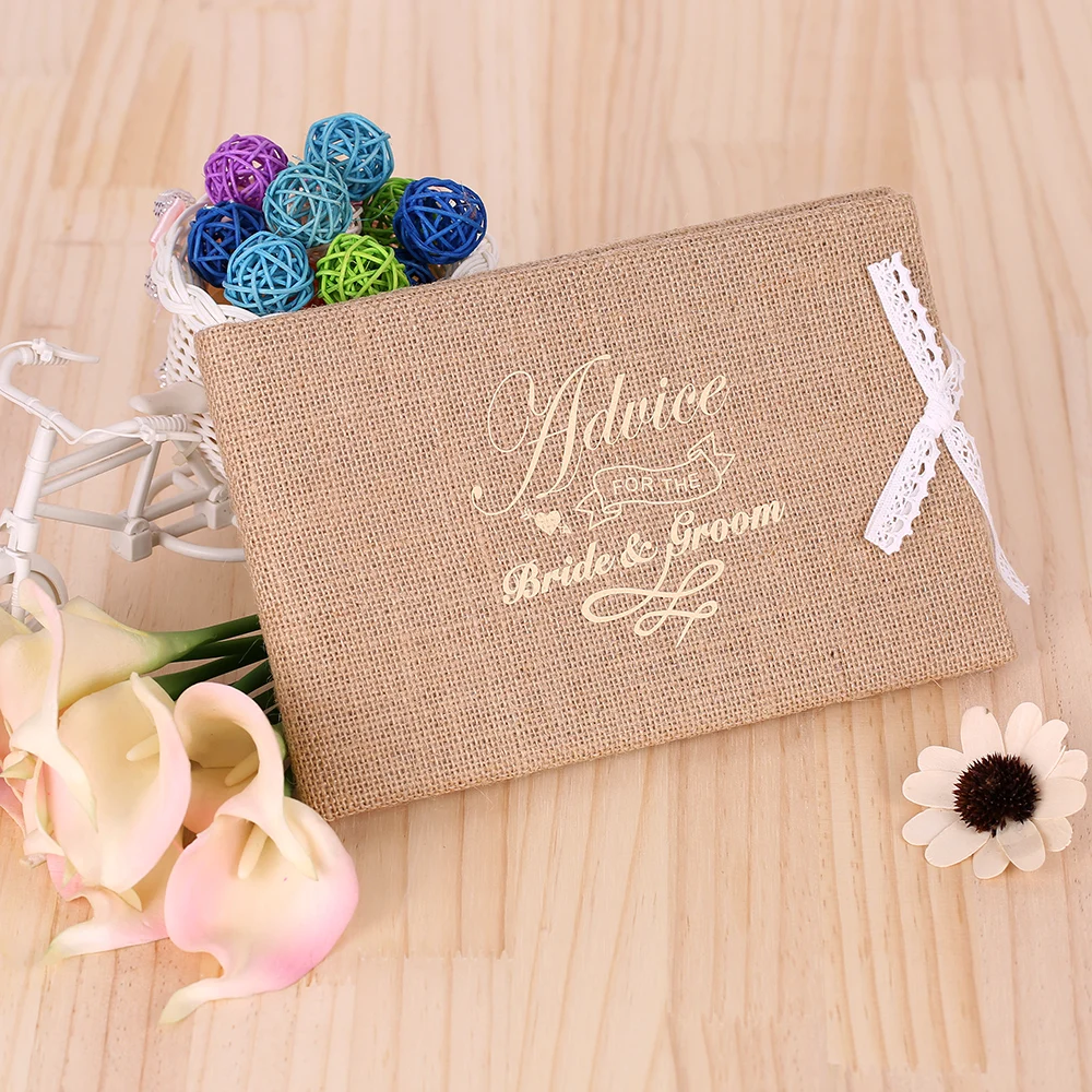 

Burlap Jute & Lace Flower Guest Book 72Pages Burlap Cover Personalized Wedding Guest Book engraved Guestbook Hardcover sign book