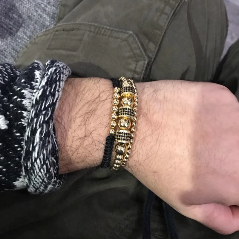 

Fashion 3Pcs/Lot Copper Beads Braided Macrame Men Bracelet Sets Pave Black CZ Tube Charm Bracelet Couple Bracelet Bangle Jewelry