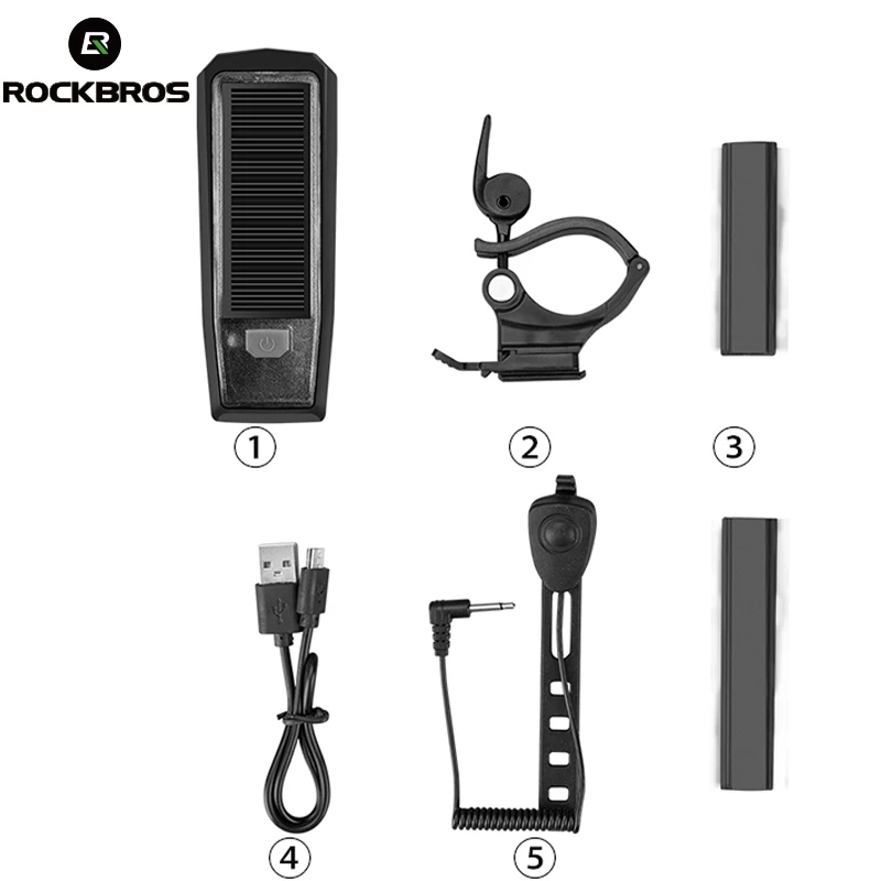 Top ROCKBROS USB Chargieable Light Solar IPX4 Waterproof Bicycle Headlights 2000 mAh  Bike Bell 120 dB Smart Switch Multiple Modes 5