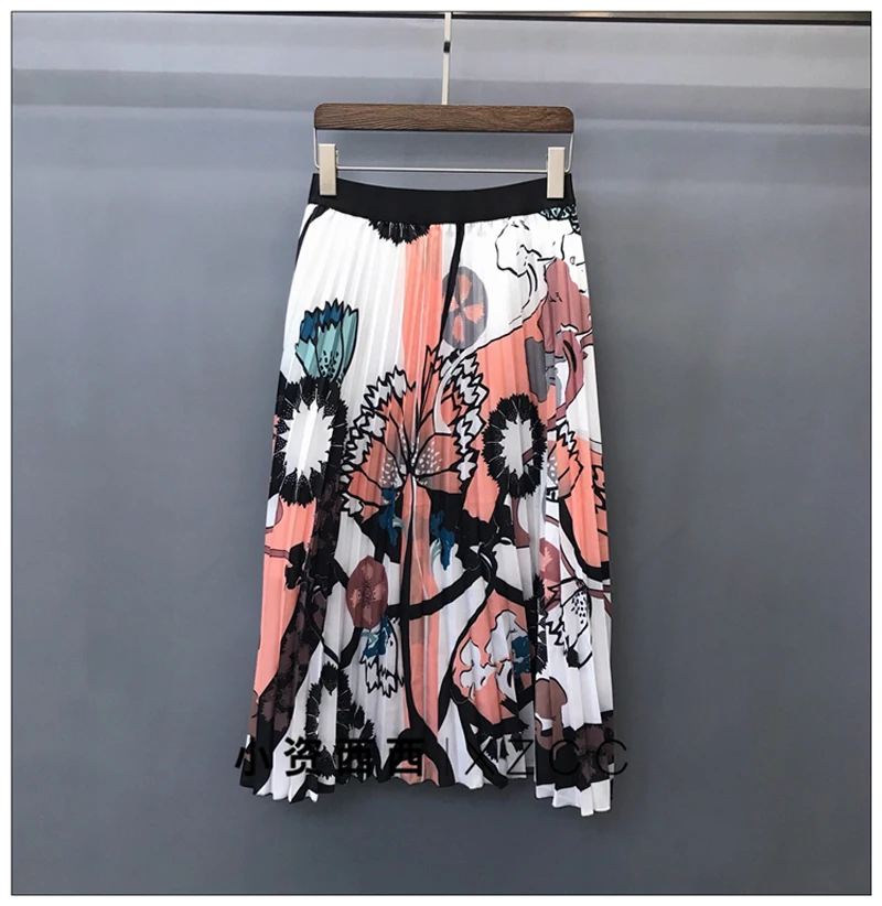 Мультяшная длинная Плиссированная юбка для женщин, европейский стиль, юбка с высокой талией, весна-лето, высокая уличная юбка средней длины, эластичная талия, трапециевидная