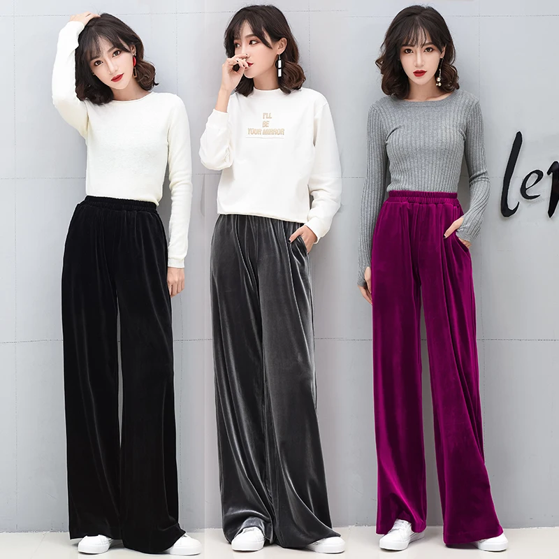 

2019 Winter Women Velvet Wide Leg Pants Female Retro High Waist Plus Size Loose Casual Autumn Straight Sweatpants Long Trousers