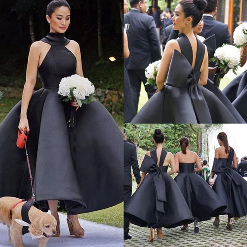 2018 Новый дизайн черный платья подружки невесты бальное платье длиной до щиколотки без рукавов три вида шеи Свадьба Гость сад платья на