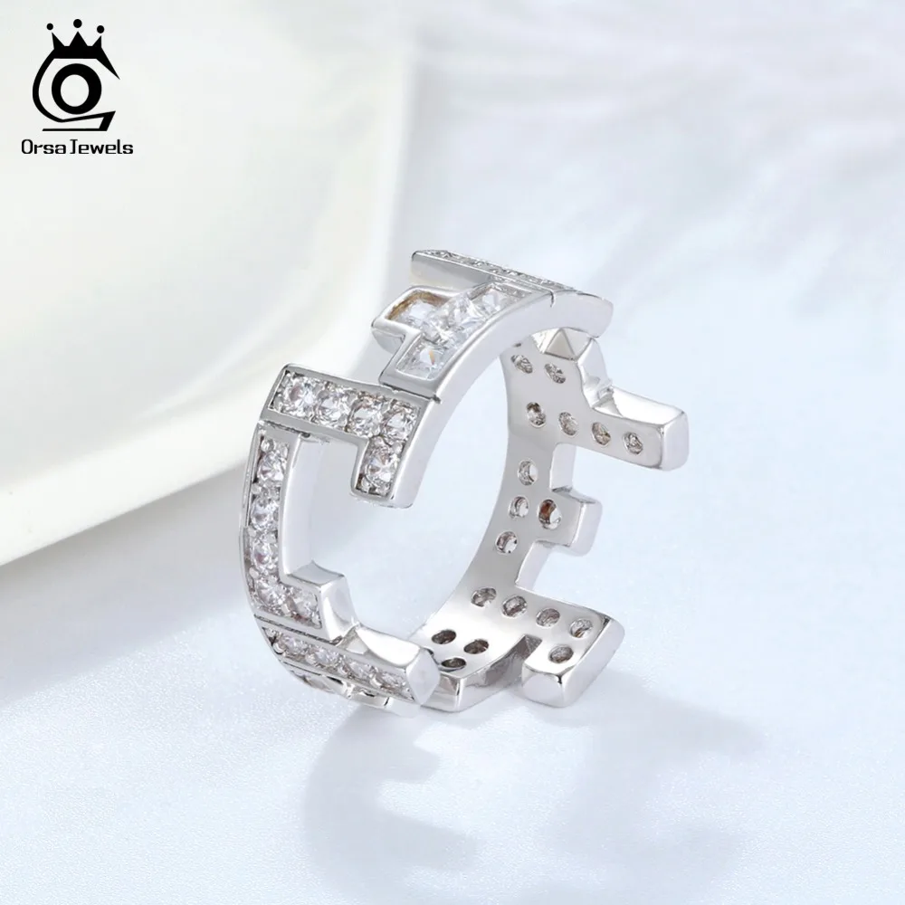 ORSA JEWELS Men Rings Irregular Original Pattern AAA CZ Ring Women Unique Vintage New Year Party Silver Color Jewelry OR173