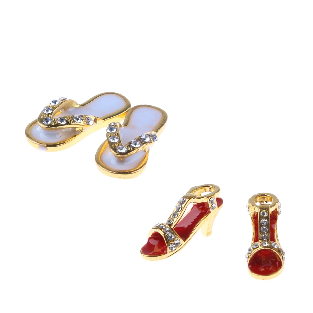 2 Pairs Lady Women Metal High-heeled Shoes Boots Slippers with Diamond 1:12 Dollhouse Miniature Home Shop Showcase Accessories