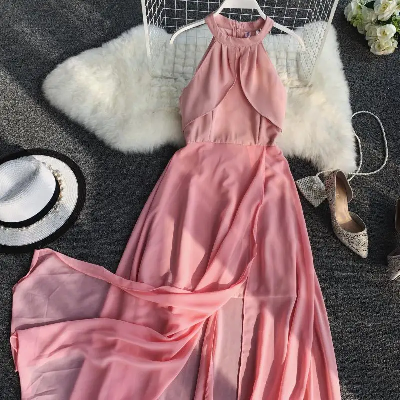 2019 New Women's Dress In Summer Pure Color Temperament Hanging Neck Petals High Waist Open Chiffon | Женская одежда