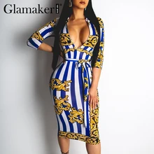 Glamaker пикантные полосатый принт на шнуровке пояс bodycon платье Для женщин Лето Половина рукава Элегантное платье Женский Высокая талия вечерние платье клуба