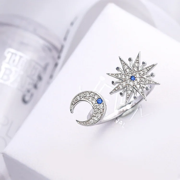 

Real Pure 925 Sterling Silver Zircon Moon Star Wedding Rings for Women Adjustable Size Ring Fashion Sterling Silver Jewelry