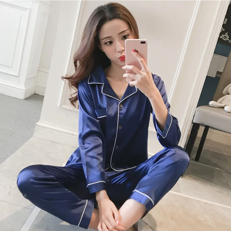 

Womens Silk Satin Pajamas Pyjamas Set Long Sleeve Sleepwear Pijama Pajamas Suit Female Sleep Two Piece Set Loungewear Plus Size